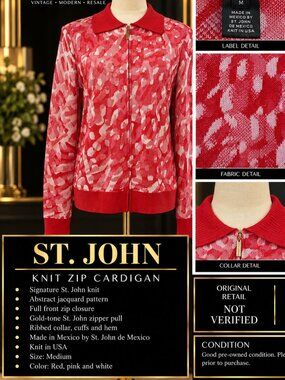 St. John Red Pink Abstract Jacquard Knit Zip Cardigan – Size M